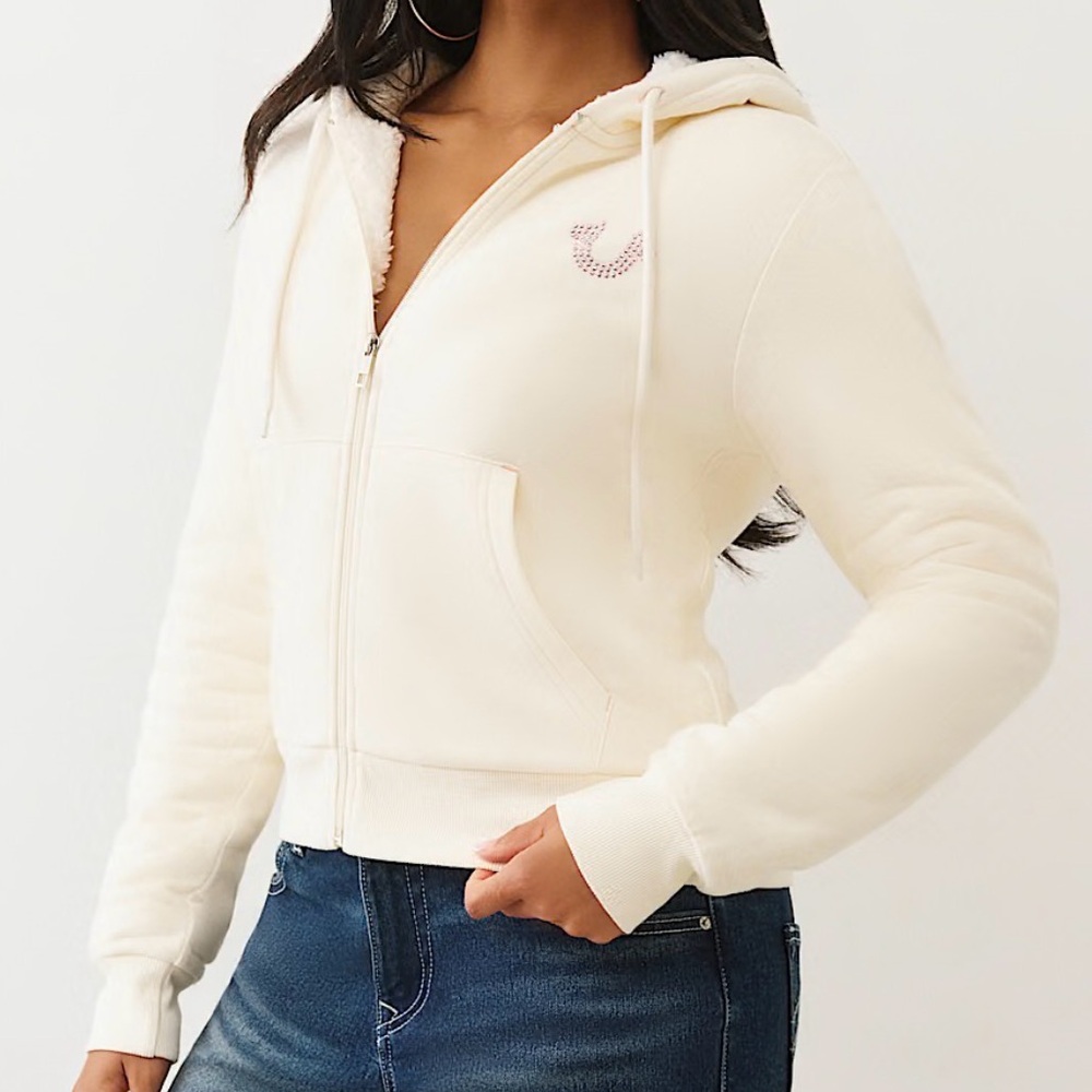 True Religion Winter White Sherpa-lined Buddha Zip Hoodie Size L
